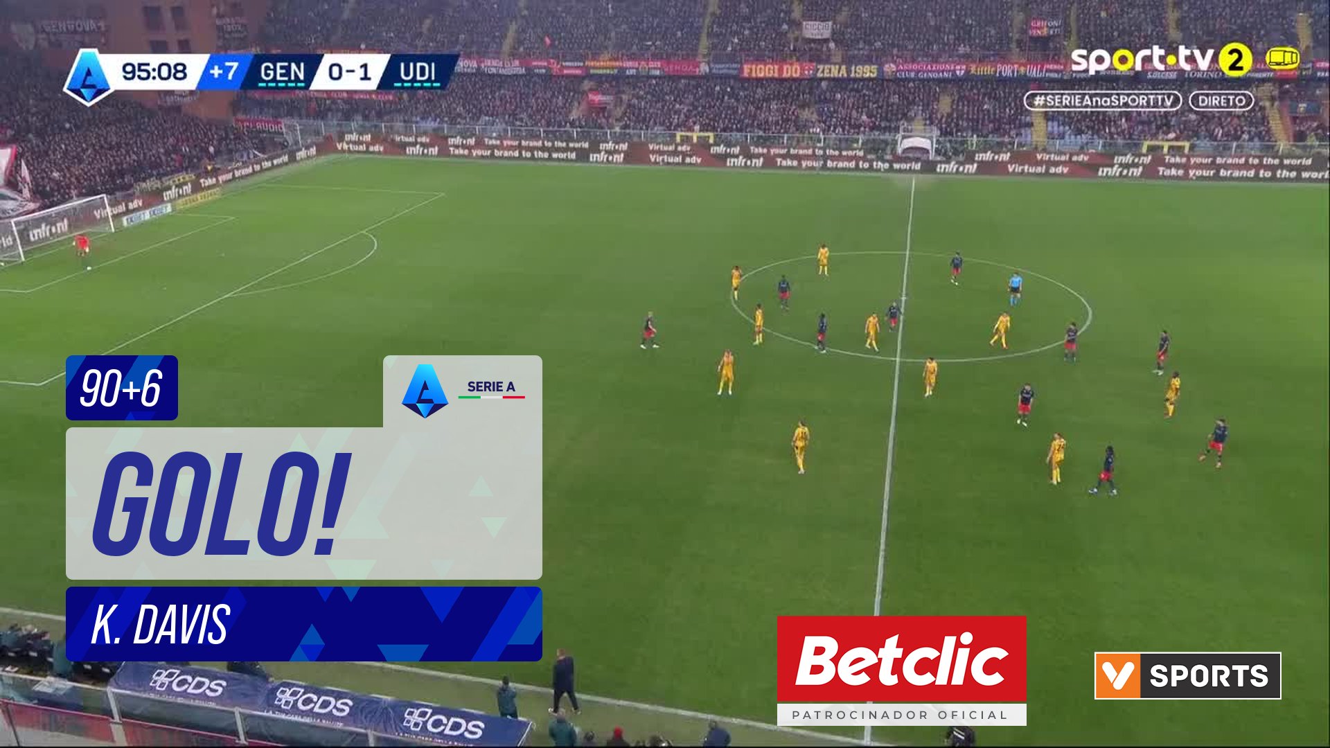 GOLO! Udinese, K. Davis aos 90'+6', Genoa 0-2 Udinese