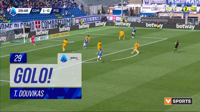 GOLO! Como, T. Douvikas aos 29', Como 2-0 Pisa