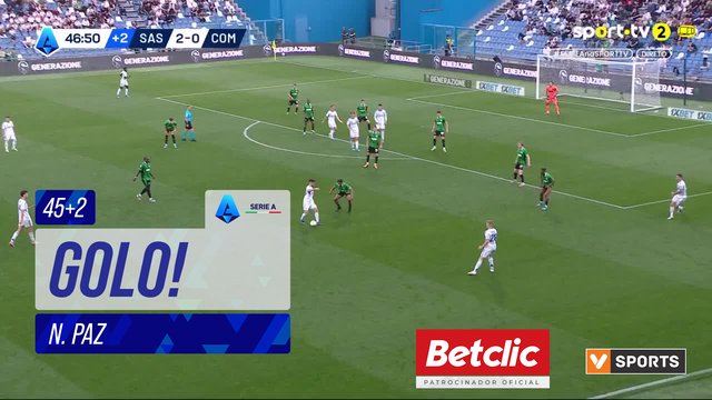 GOLO! Como, N. Paz aos 45'+2', Sassuolo 2-1 Como