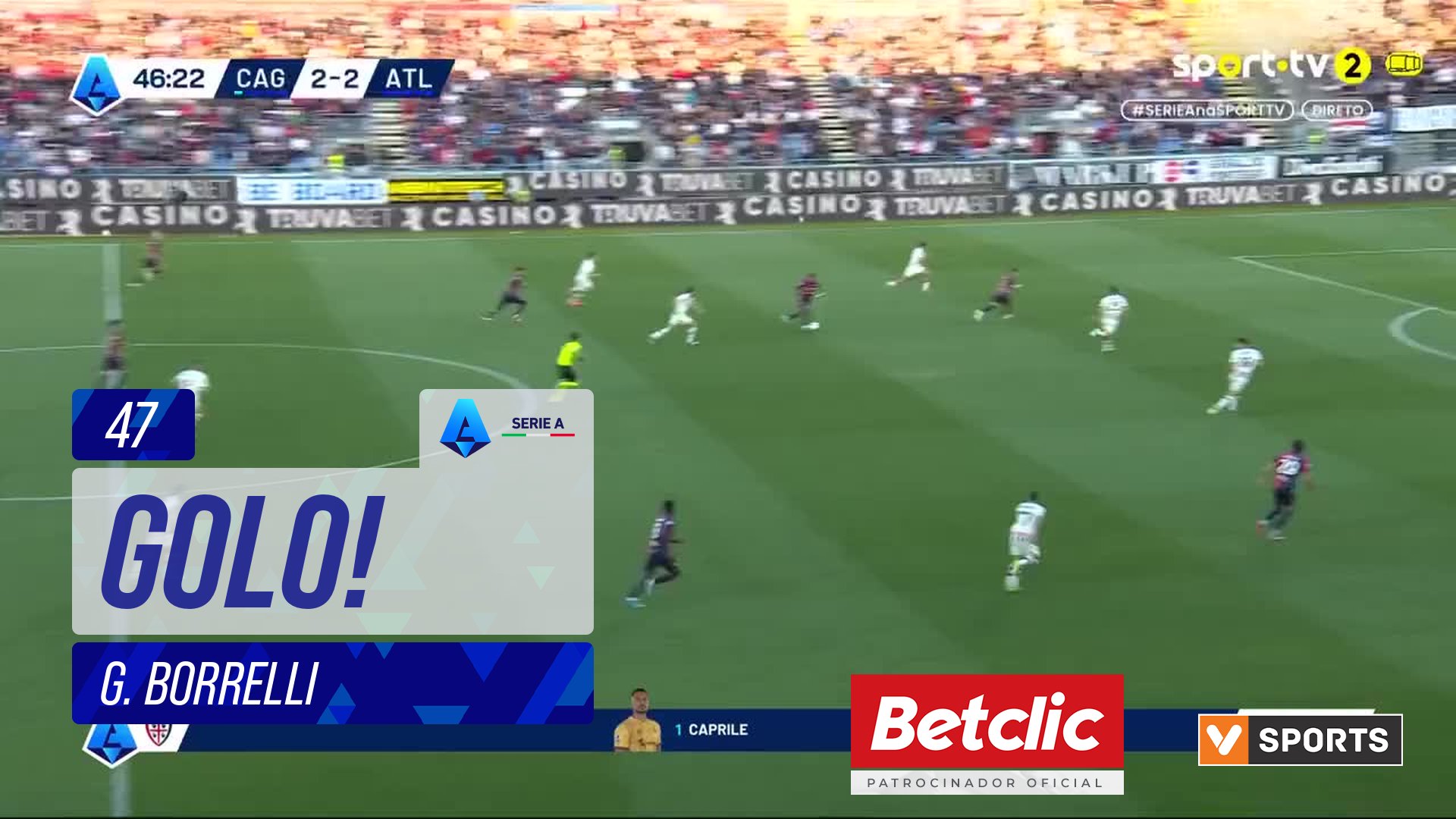 GOLO! Cagliari, G. Borrelli aos 47', Cagliari 3-2 Atalanta