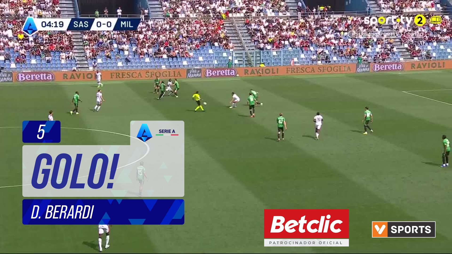 GOLO! Sassuolo, D. Berardi aos 5', Sassuolo 1-0 Milan