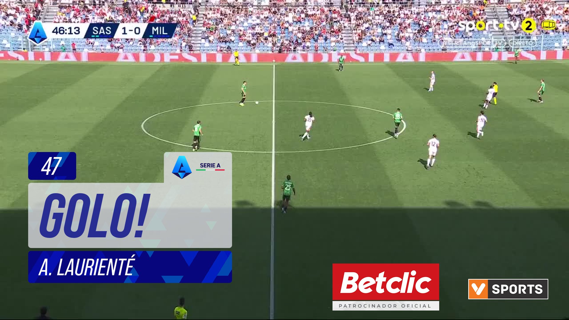 GOLO! Sassuolo, A. Laurienté aos 47', Sassuolo 2-0 Milan