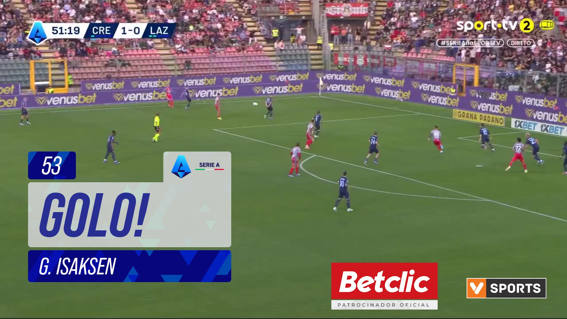 GOLO! Lazio, G. Isaksen aos 53', Cremonese 1-1 Lazio