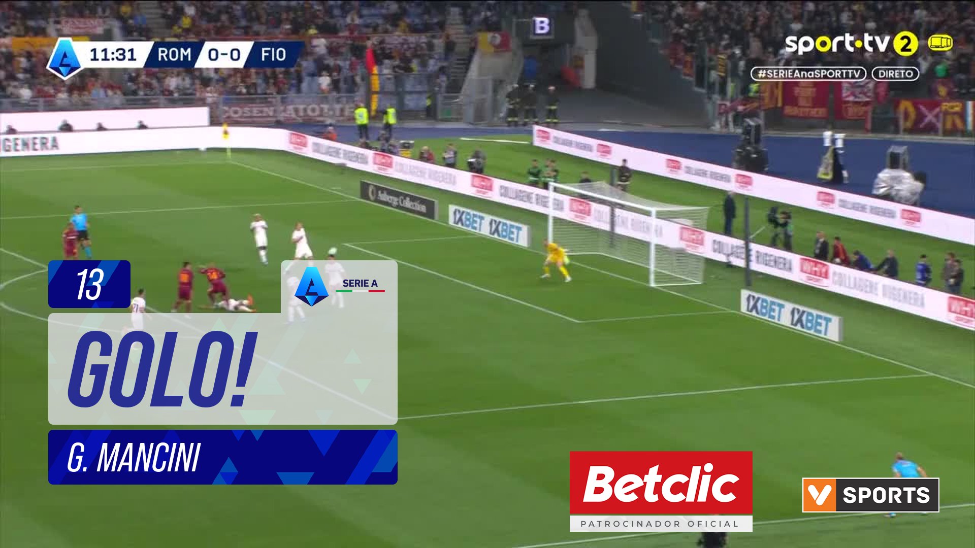 GOLO! Roma, G. Mancini aos 13', Roma 1-0 Fiorentina