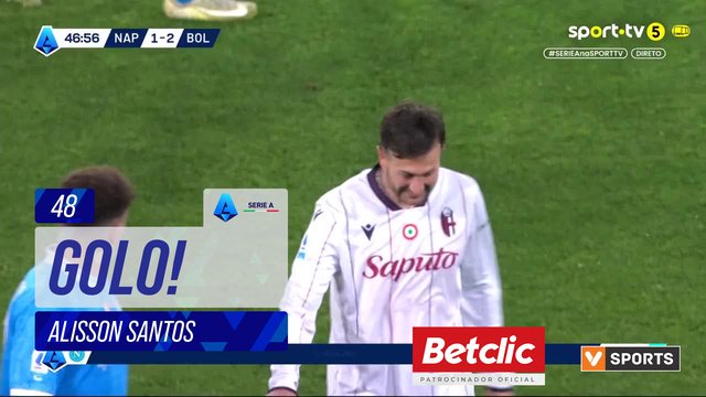 GOLO! Napoli, Alisson Santos aos 48', Napoli 2-2 Bologna
