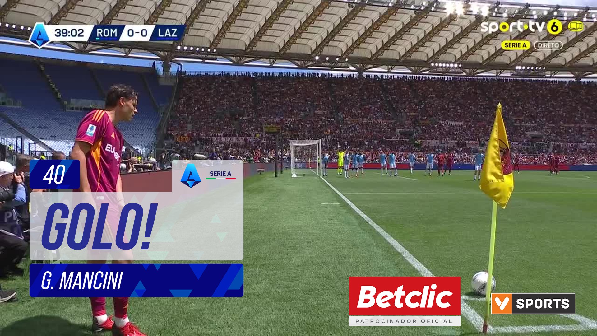 GOLO! Roma, G. Mancini aos 40', Roma 1-0 Lazio