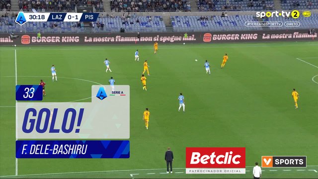 GOLO! Lazio, F. Dele-Bashiru aos 33', Lazio 1-1 Pisa