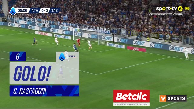 GOLO! Atalanta, G. Raspadori aos 6', Atalanta 1-0 Sassuolo