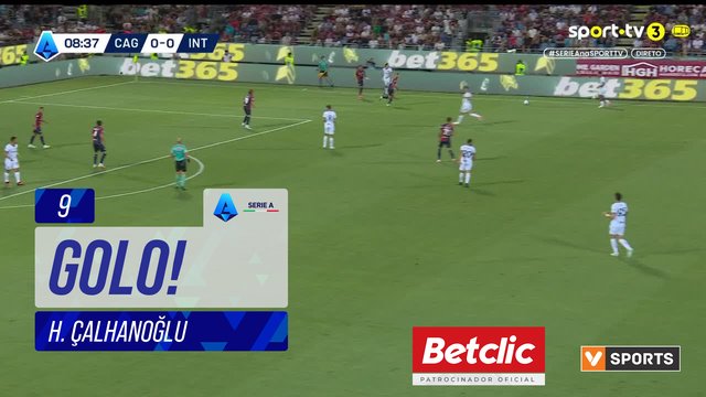 GOLO! Internazionale, H. Çalhanoğlu aos 9', Cagliari 0-1 Internazionale