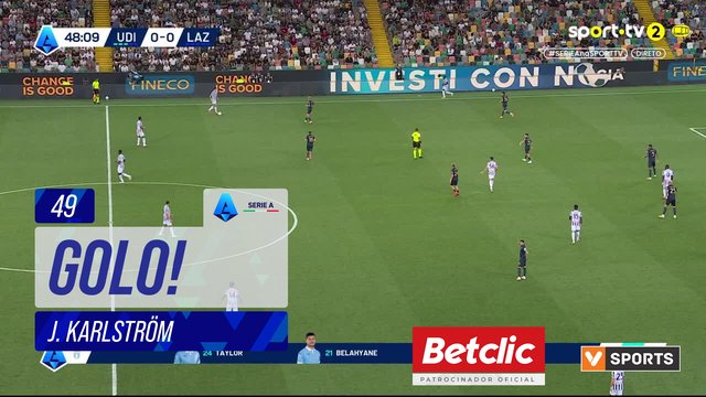 GOLO! Udinese, J. Karlström aos 49', Udinese 1-0 Lazio