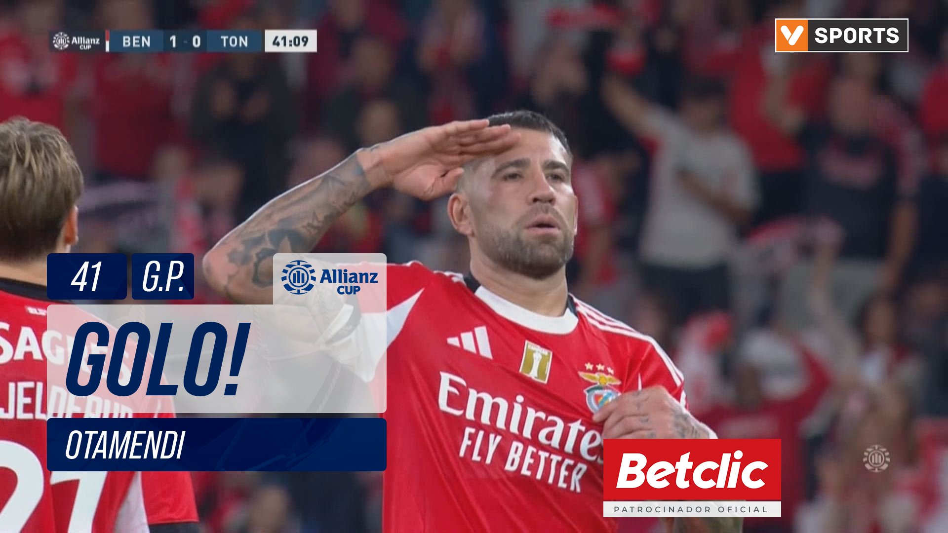 GOLO! Benfica, Otamendi aos 41', Benfica 1-0 Tondela