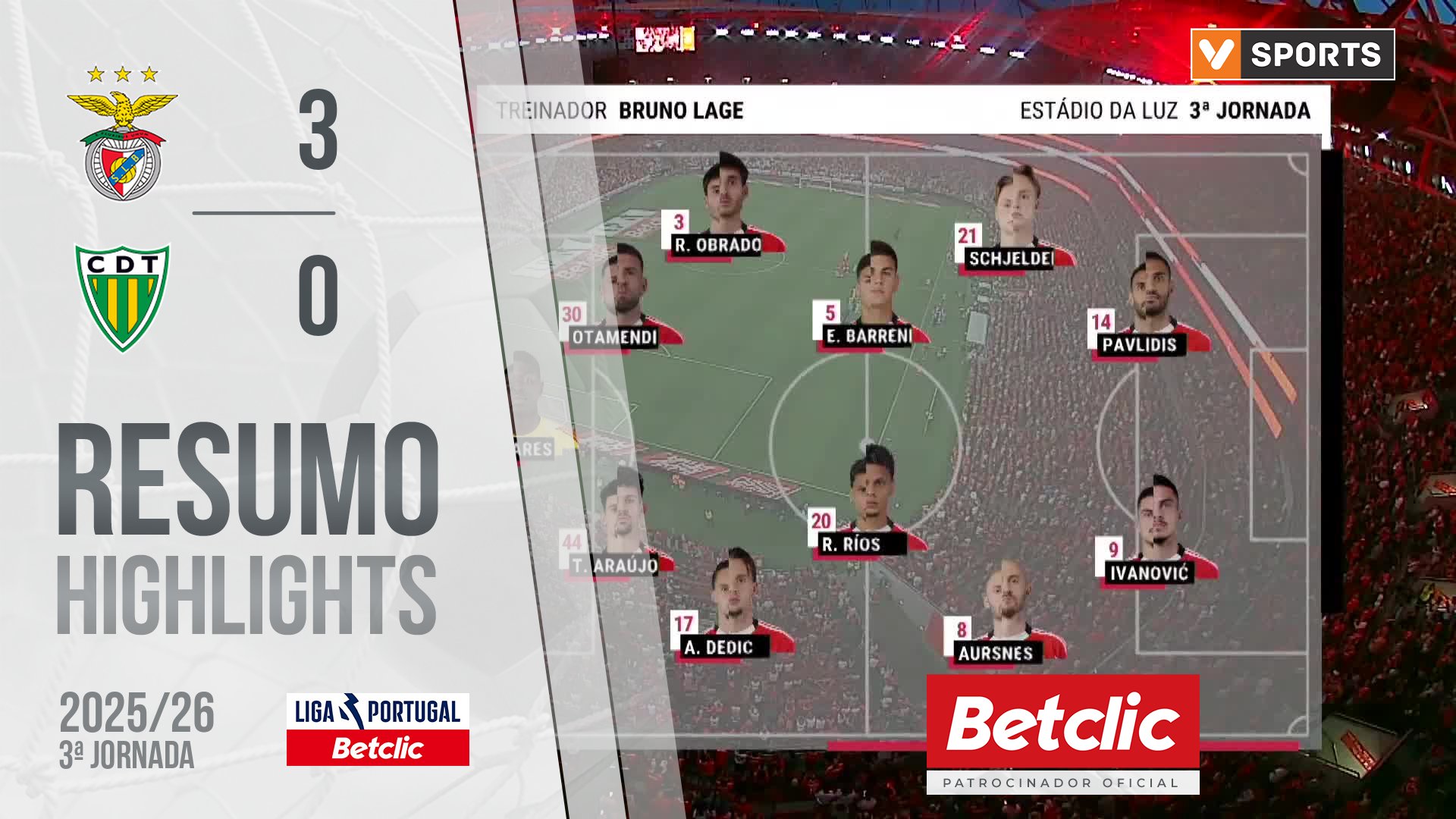 Liga Portugal Betclic (3ªJ): Resumo Benfica 3-0 Tondela