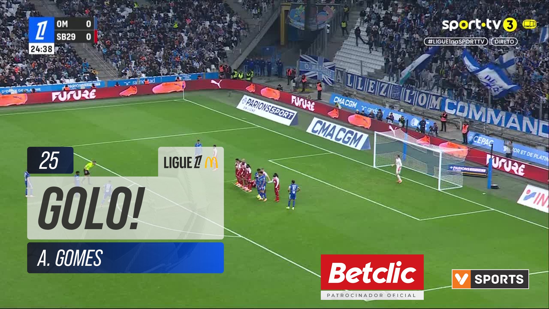 GOLO! Marselha, A. Gomes aos 25', Marselha 1-0 Brest