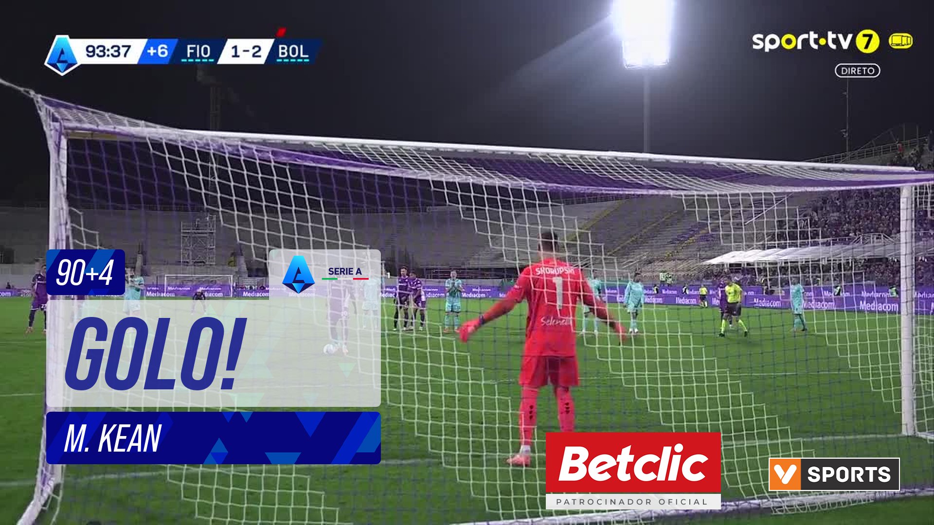GOLO! Fiorentina, M. Kean aos 90'+4', Fiorentina 2-2 Bologna