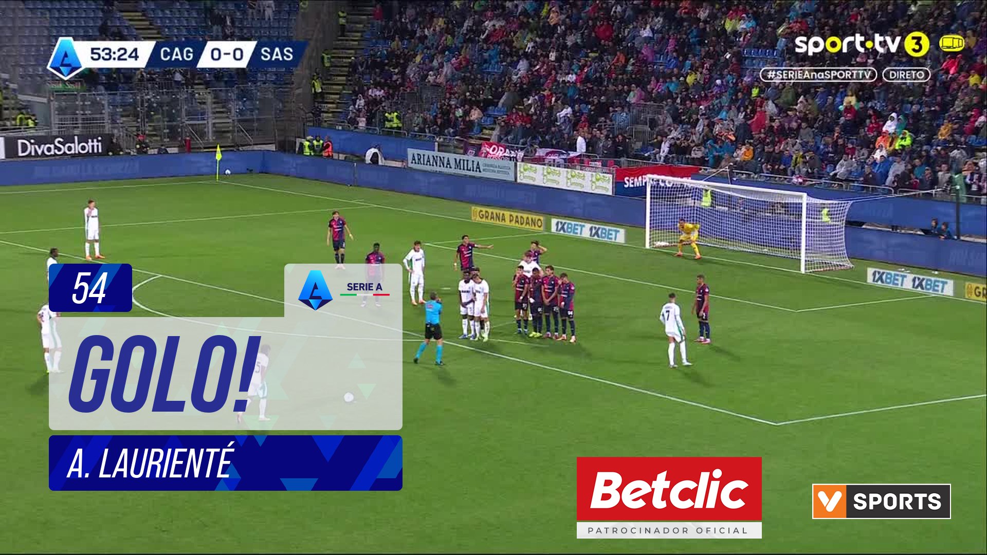 GOLO! Sassuolo, A. Laurienté aos 54', Cagliari 0-1 Sassuolo