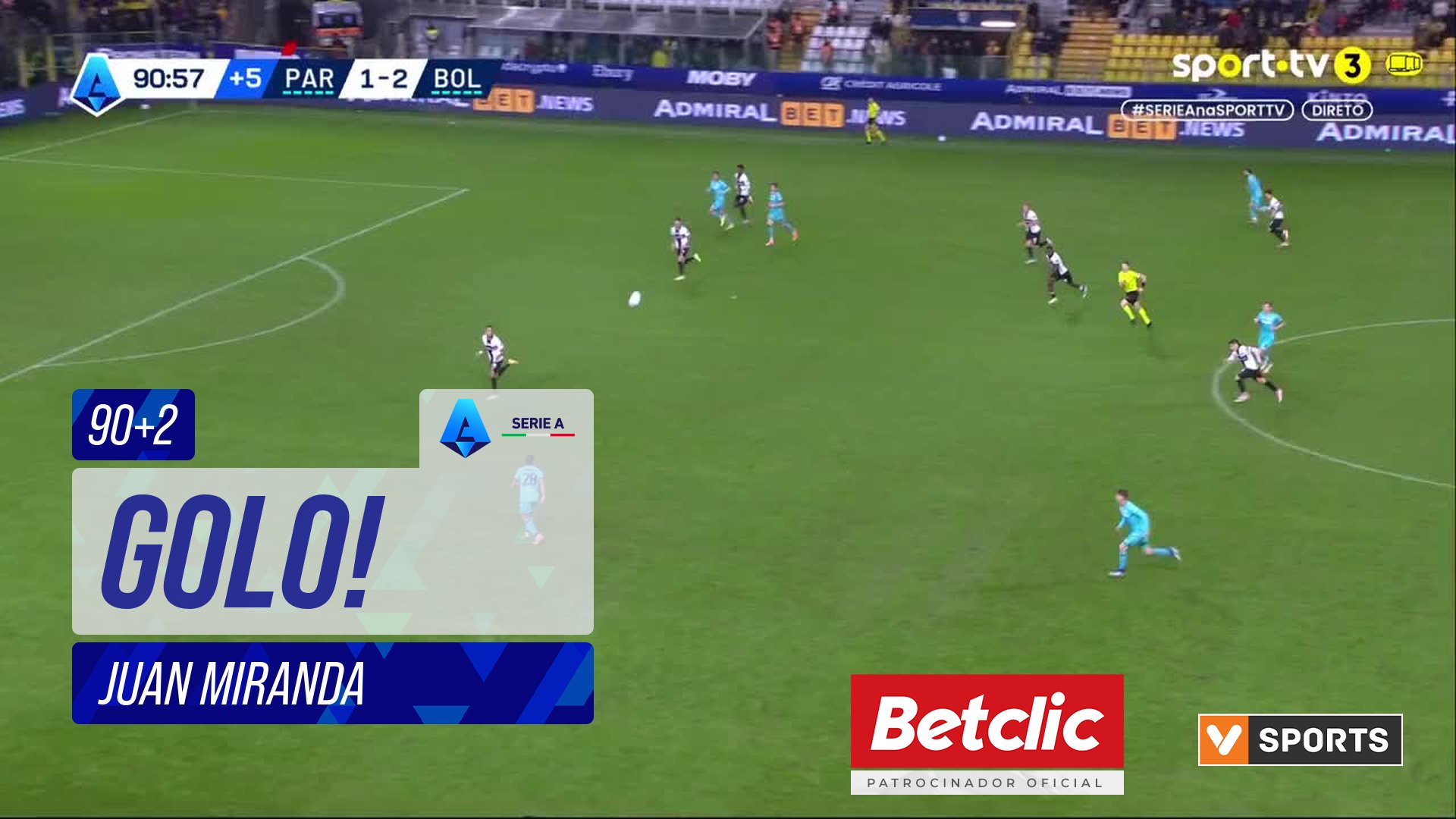 GOLO! Bologna, Juan Miranda aos 90'+2', Parma 1-3 Bologna