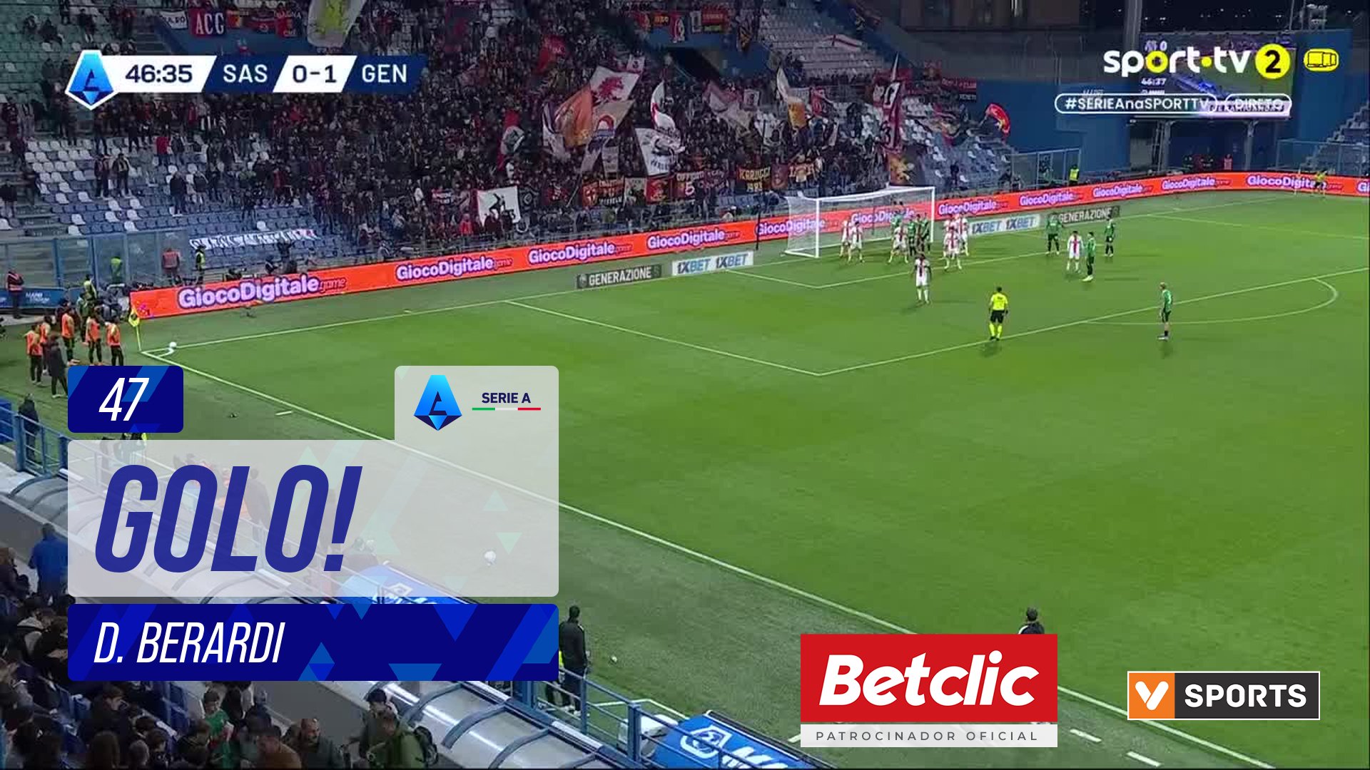 GOLO! Sassuolo, D. Berardi aos 47', Sassuolo 1-1 Genoa