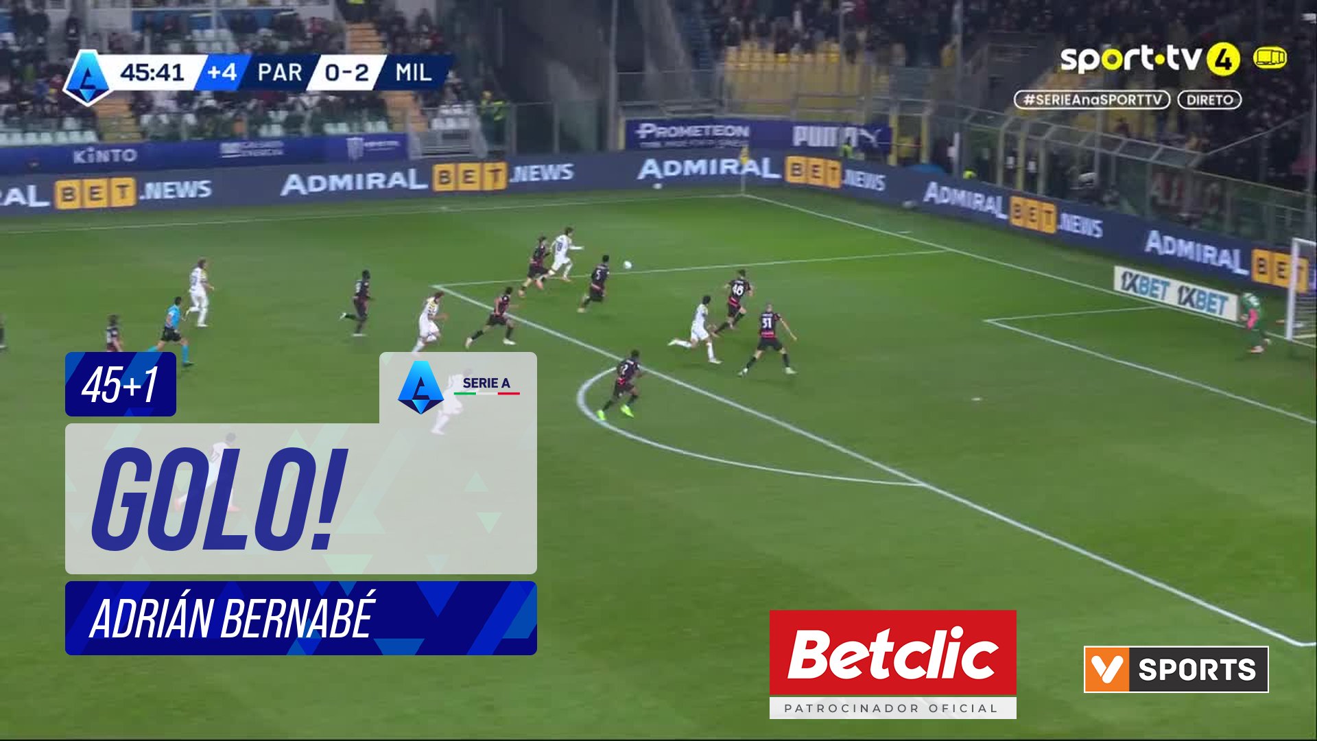 GOLO! Parma, Adrián Bernabé aos 45'+1', Parma 1-2 Milan