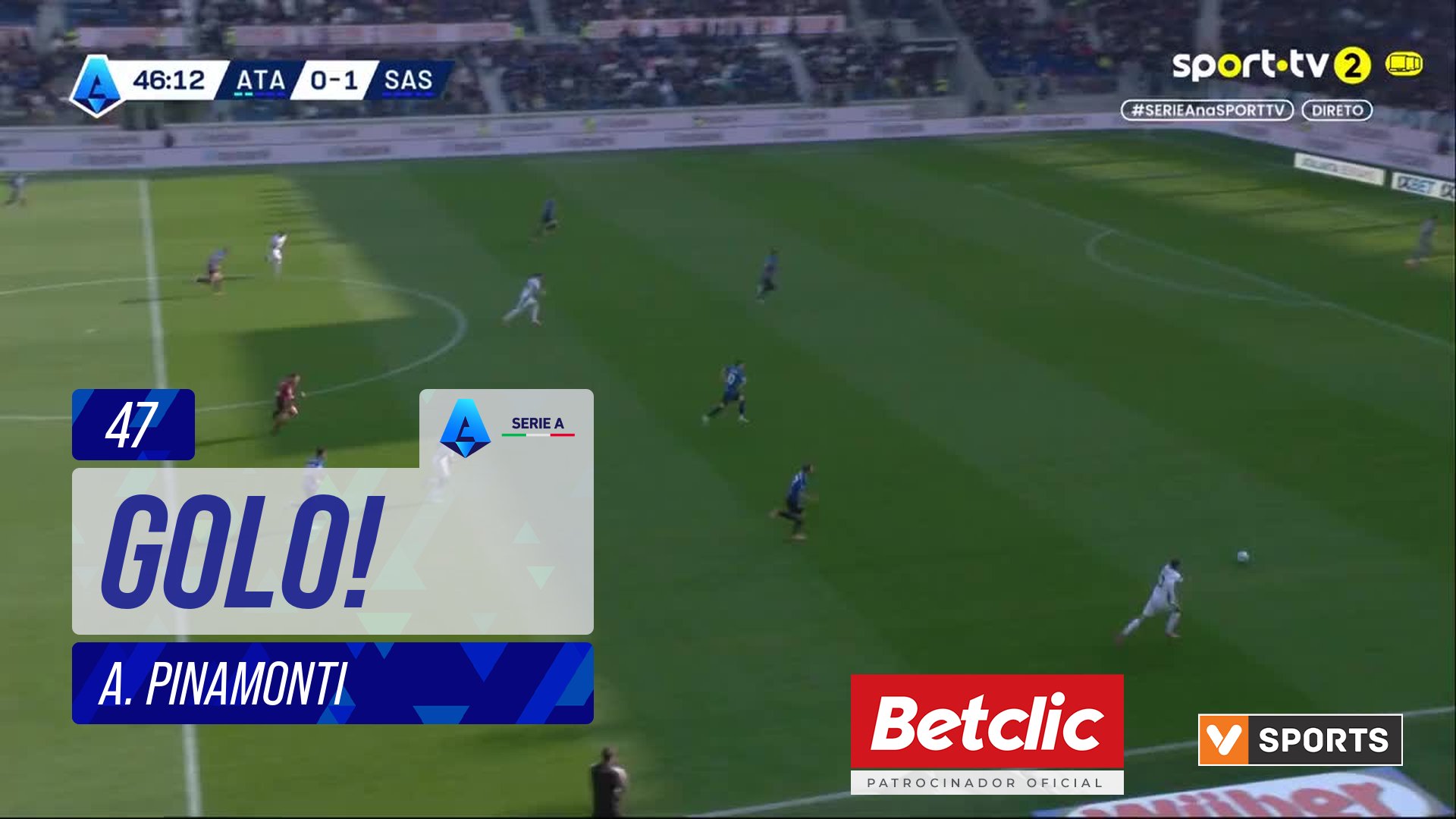 GOLO! Sassuolo, A. Pinamonti aos 47', Atalanta 0-2 Sassuolo